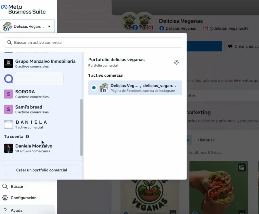 Meta Business Suite de cuenta para crear portafolio comercial