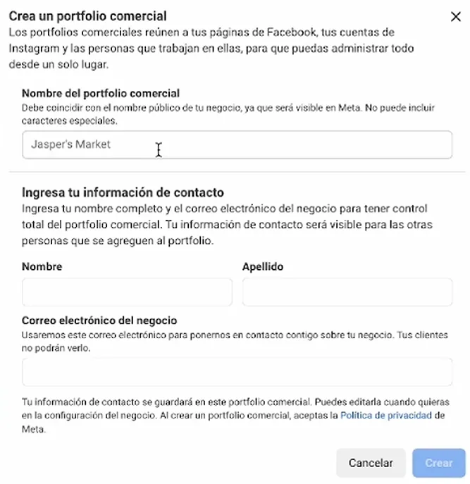 Pantalla de creación de portafolio comercial en Meta Business Suite