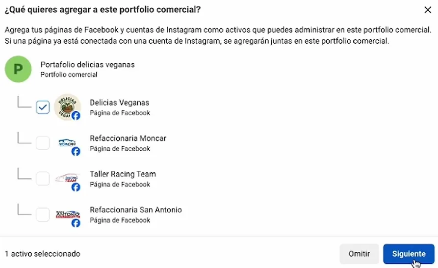 Agregar activo al portafolio comercial de Meta