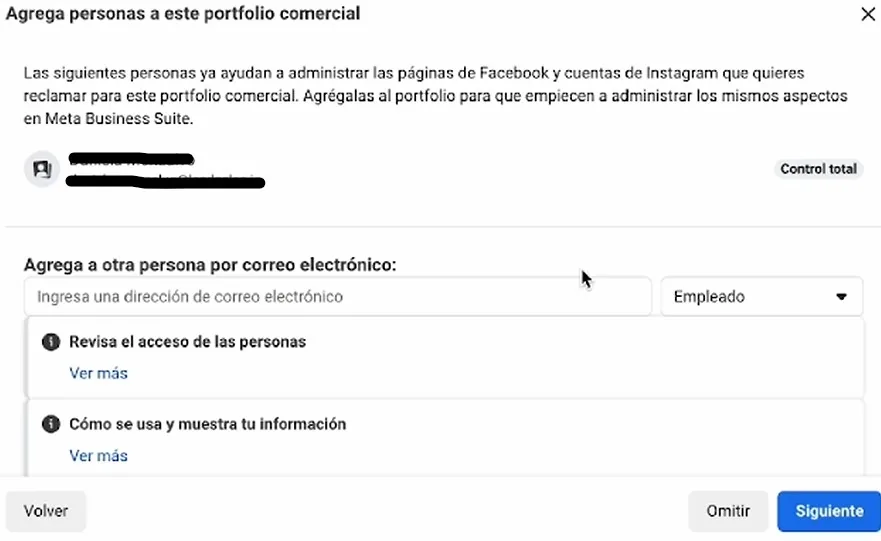 Agregar personas y tipo de acceso al portafolio comercial de Meta