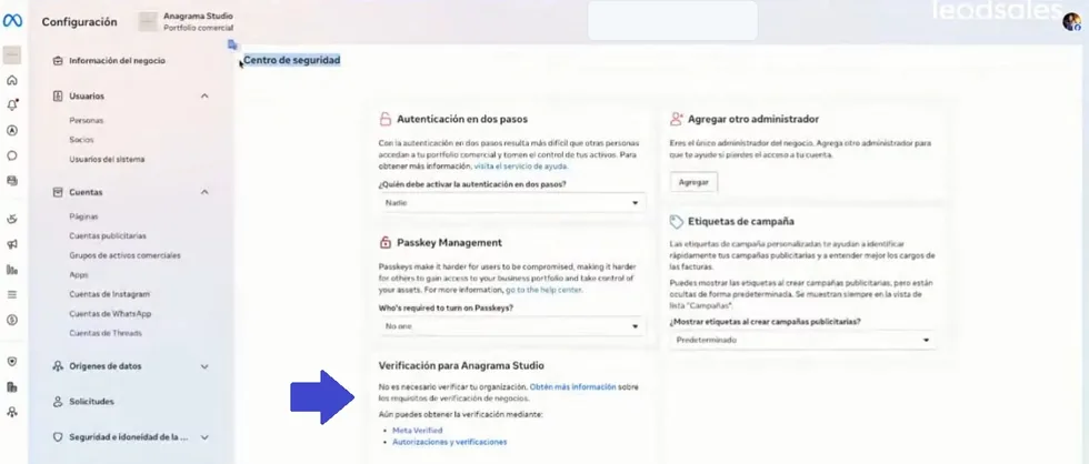 Sección de verificación de portafolio comercial de negocio en Meta Business Suite